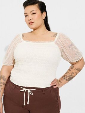 torrid Cream Swiss Dot Puff Sleeve Smocked Top